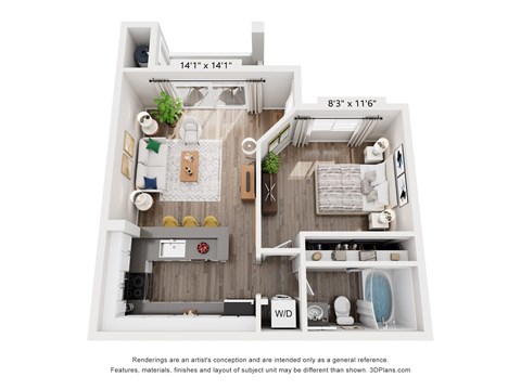 Floor plan for 1 bed, 1 bath, 563 sqft